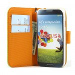 Wholesale Samsung Galaxy S4 Anti-Slip Flip Leather Wallet Case with Stand (Green-Orange)